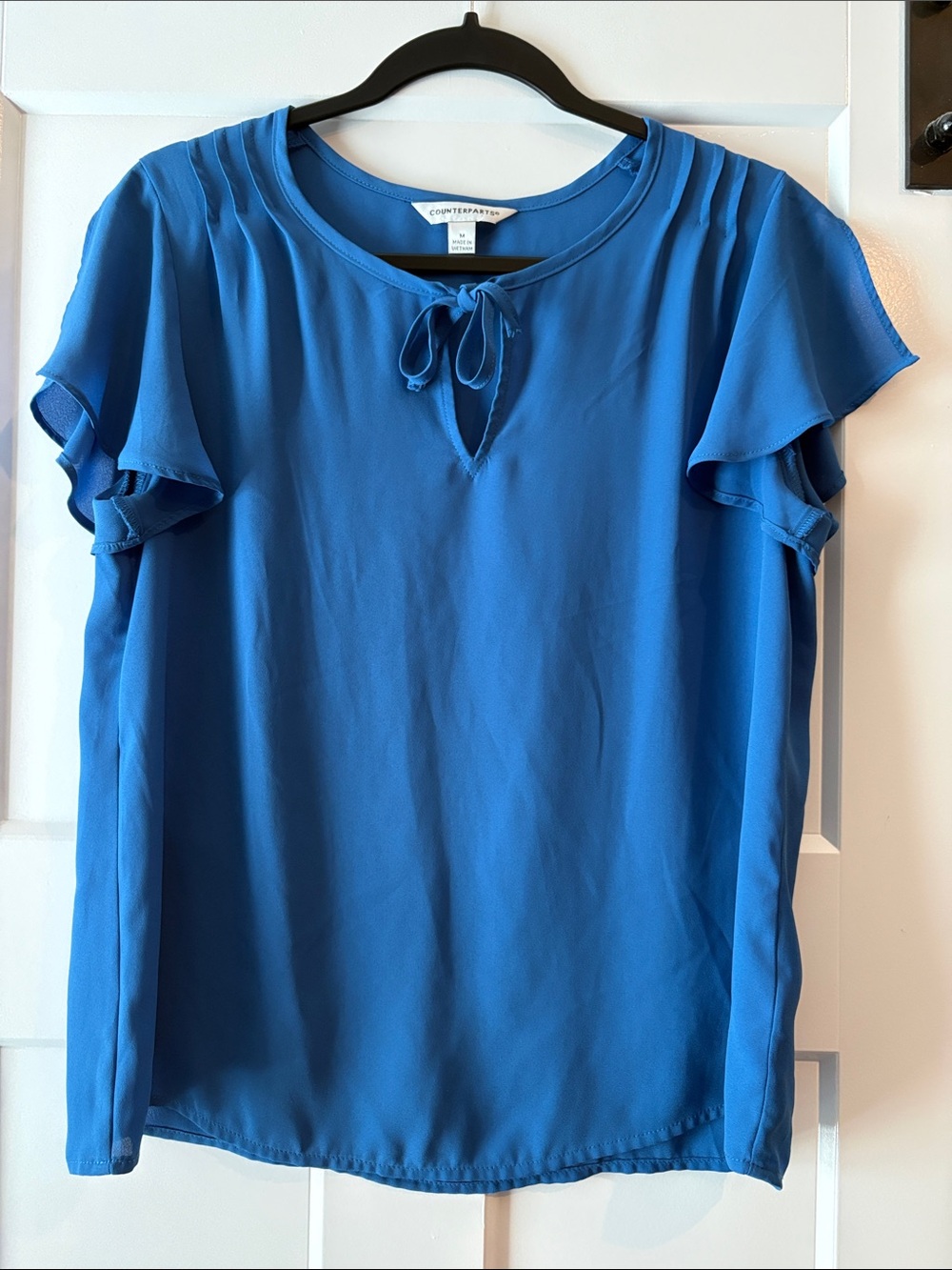 Counterparts Cobalt Tie-Neck Flutter Sleeve Blouse
